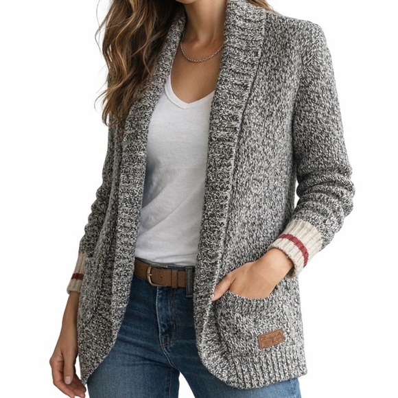Roots Sweaters - Roots Cabin Sweater Coat 3/4 Length Shawl Salt Pepper Knit Taupe, Red Cuff XS